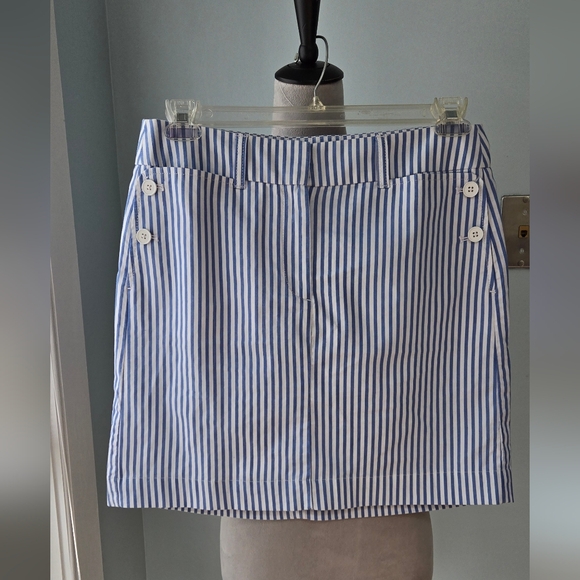 Talbots skirt blue-white 18" length mini stripe White button detail sz 6 - Picture 1 of 9